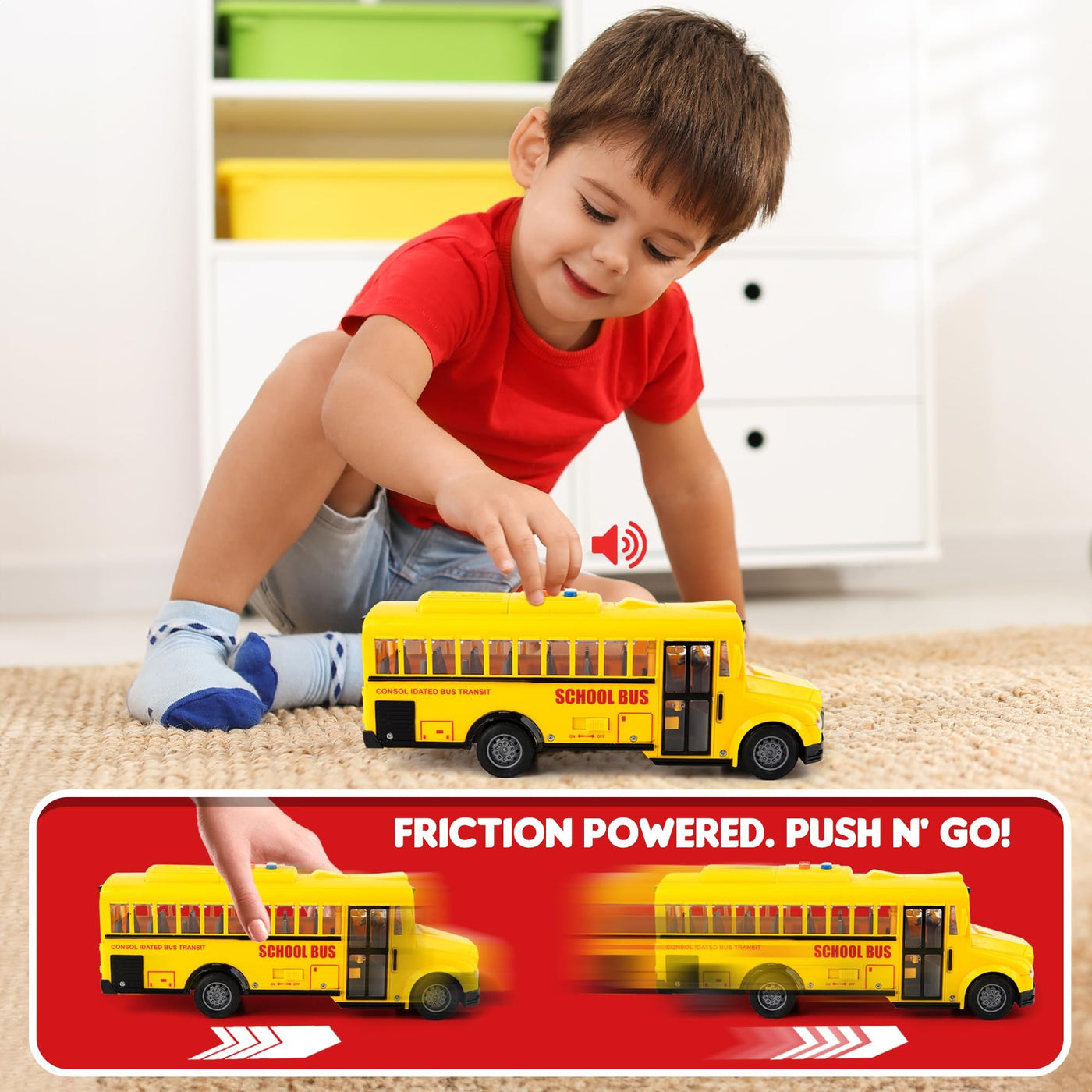 Yellow School Bus with Flashing Lights & Sound, Friction Powered 11" Toy School Bus