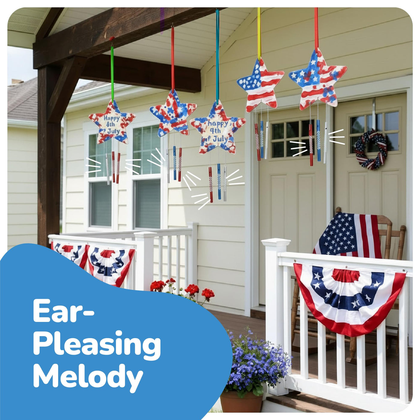 Patriotic DIY Wind Chime Kit for Kids - 9 Pack - Wooden Wind Chime Set with Paint Kit, Rhinestone Flower Stickers, 105 Stickers, and More - July 4th Arts and Crafts