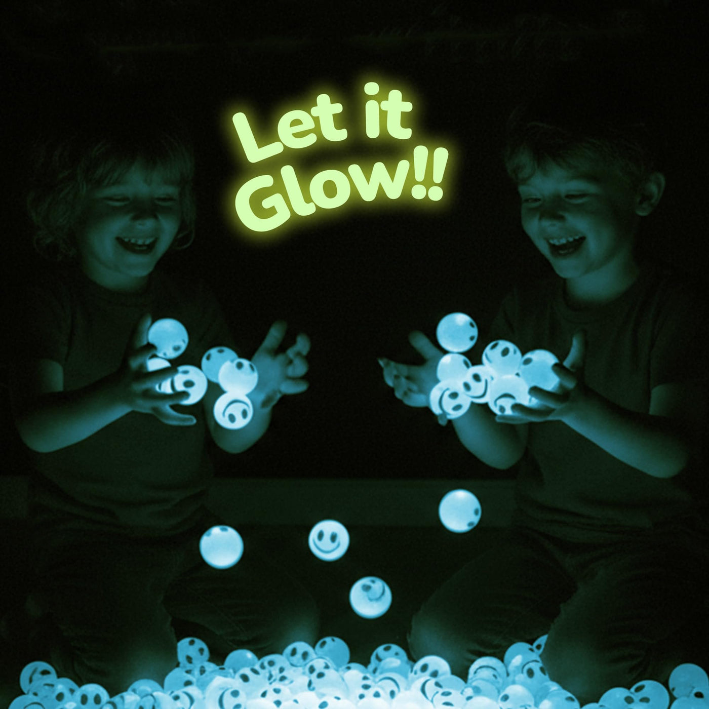 Glow in the Dark Light Blue Smiley Face Bouncing Balls - Bulk Pack of 36 - 1 Inch
