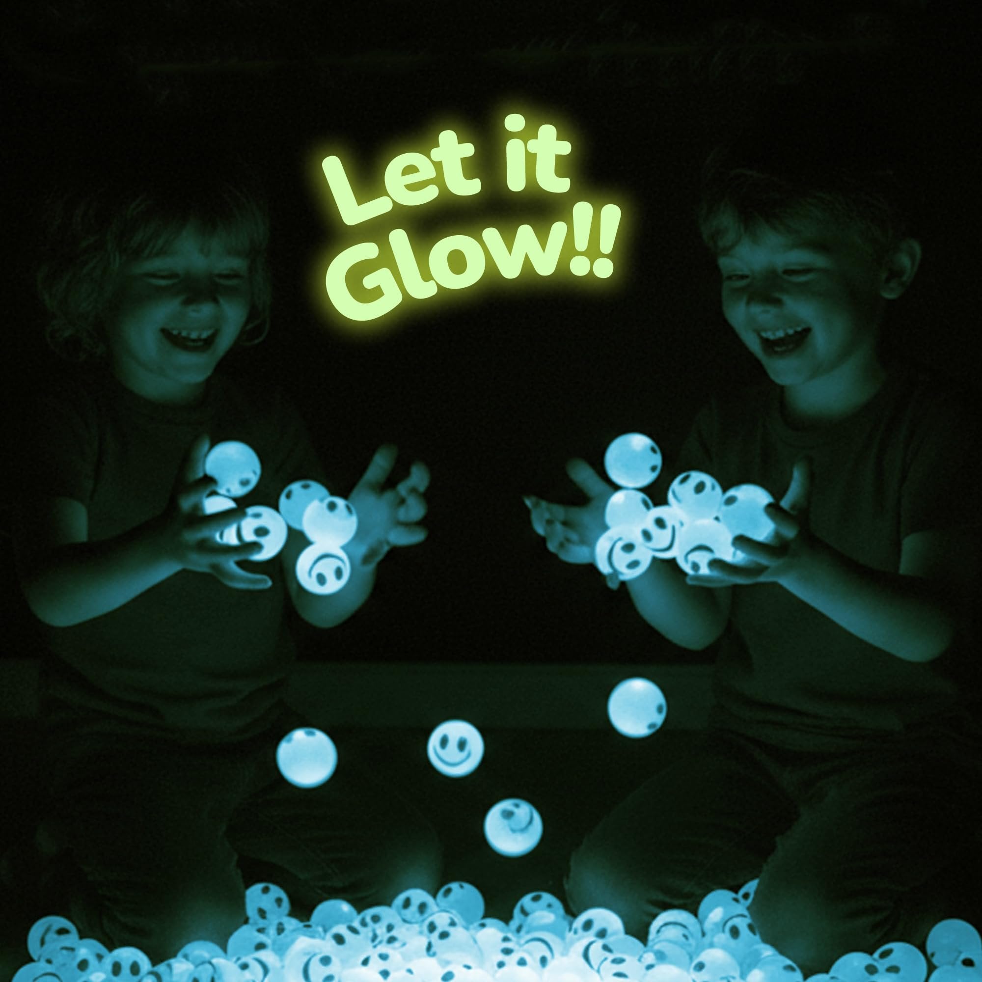 Glow in the Dark Light Blue Smiley Face Bouncing Balls - Bulk Pack of 36 - 1 Inch