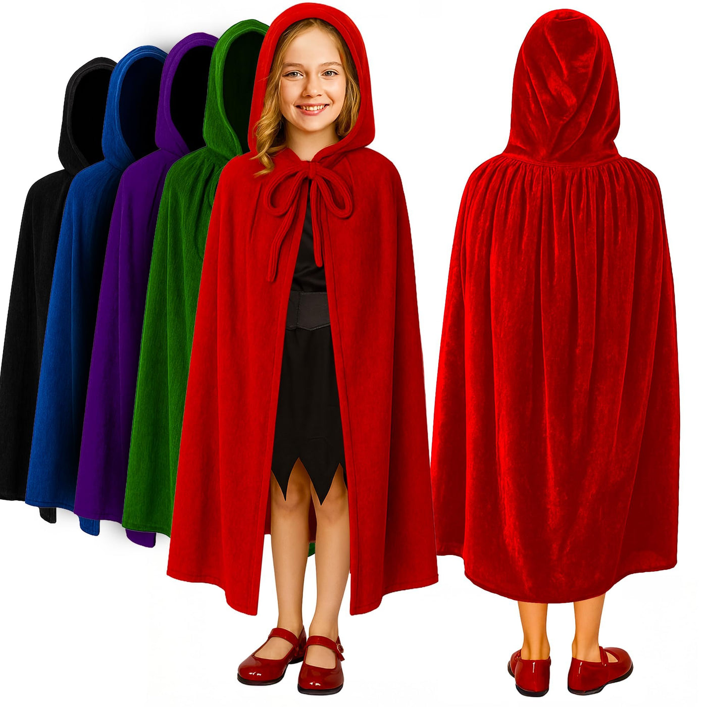 Velvet Hooded Cloak for Kids - 4ft Long - Vibrant Red Cloak with Hood and String Closure