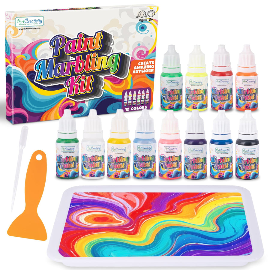 Water Marbling Paint Art Kit for Kids - Complete Set with 12 Paint Colors, 10 Bags Thickening Powder, 10 A5 Papers, and More