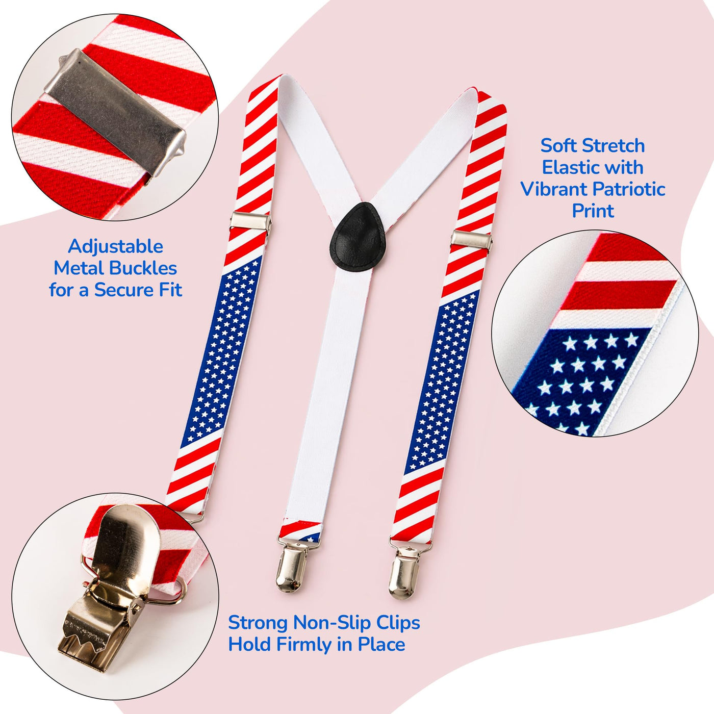 Patriotic Accessories - USA Glasses, American Flag Suspenders, Wristbands, and Headband - Red, White, and Blue
