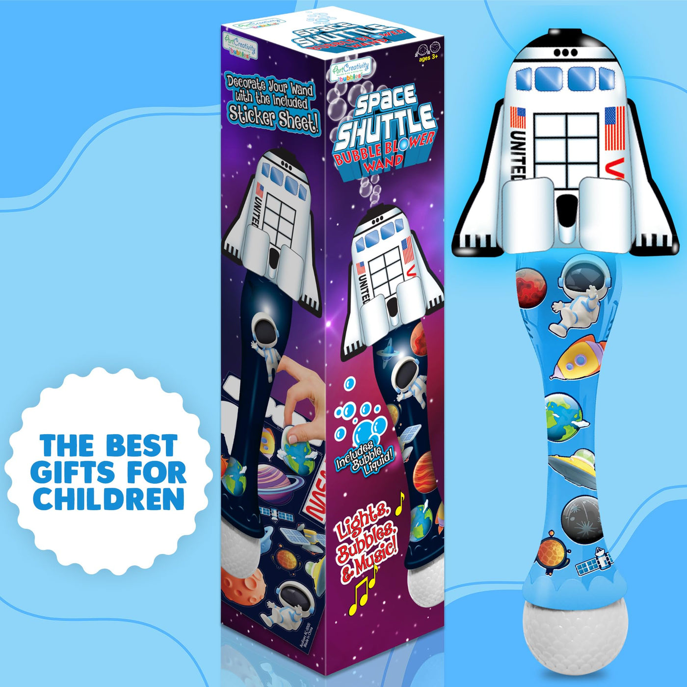 Space Shuttle Bubble Wand - Handcrafted Space Toys with Bubbles Refill Solution, Stickers, Music & Lights