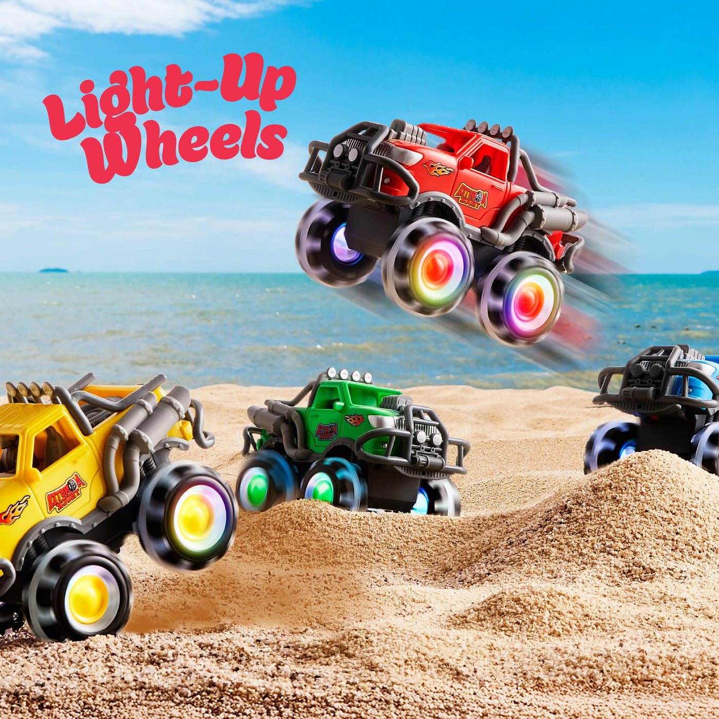 Monster Truck Toys 3 Pack with Motion Activated Light Up Wheels Friction Powered Push and Go Vehicles