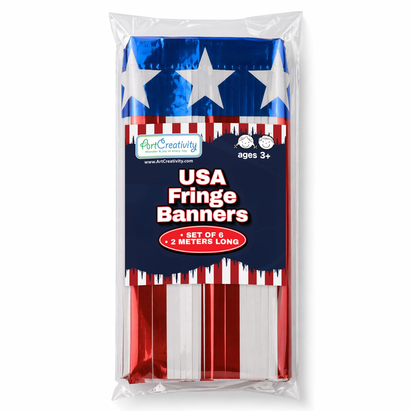 Patriotic USA Fringe Decoration - 40ft x 13.75" - Fourth of July Decoration, 6 Red White and Blue Banners