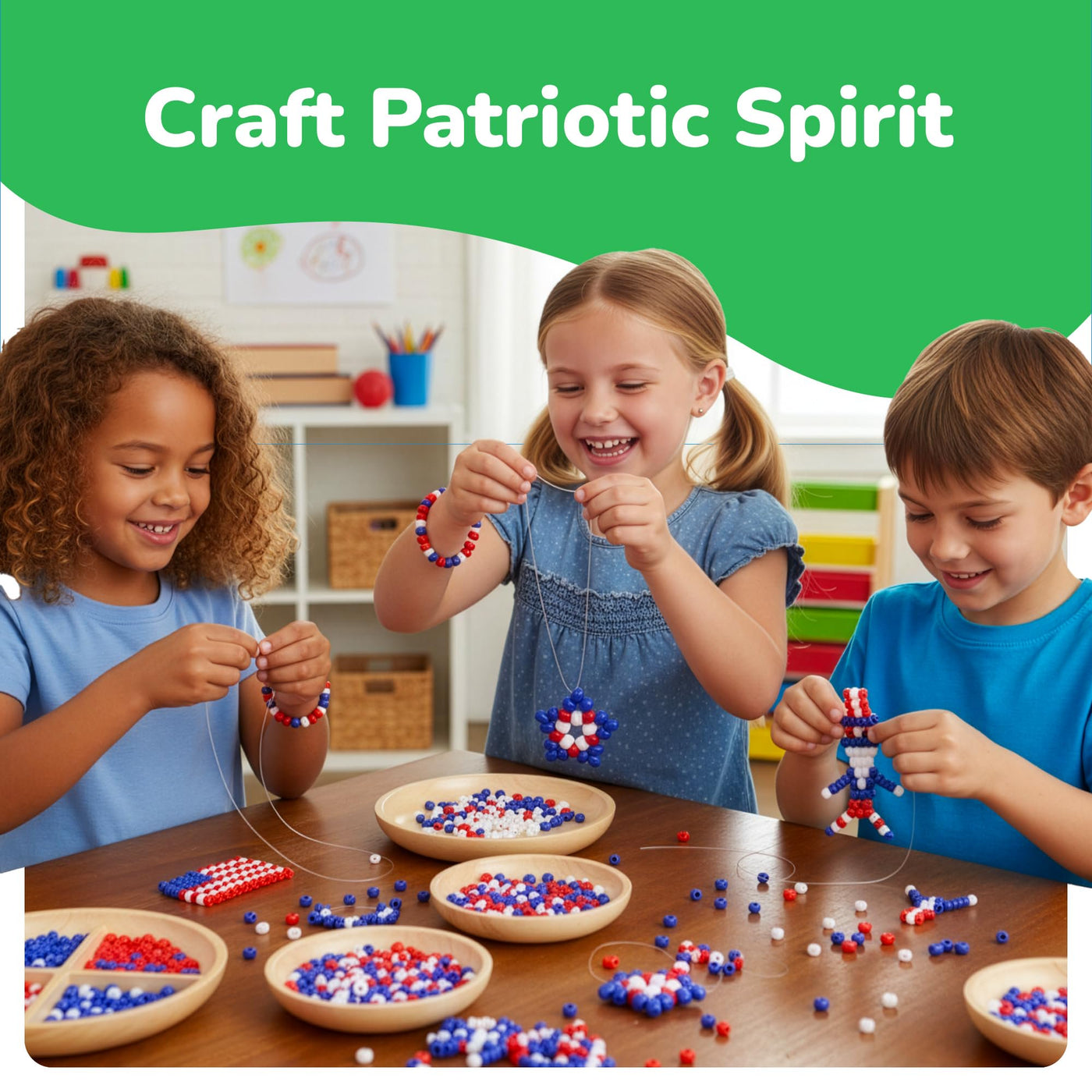 ArtCreativity Patriotic DIY Beads Kit for Kids - 1000 Pack - Red White and Blue Plastic Jewelry Beads with 40m String for Making USA Flag Necklaces & Bracelets