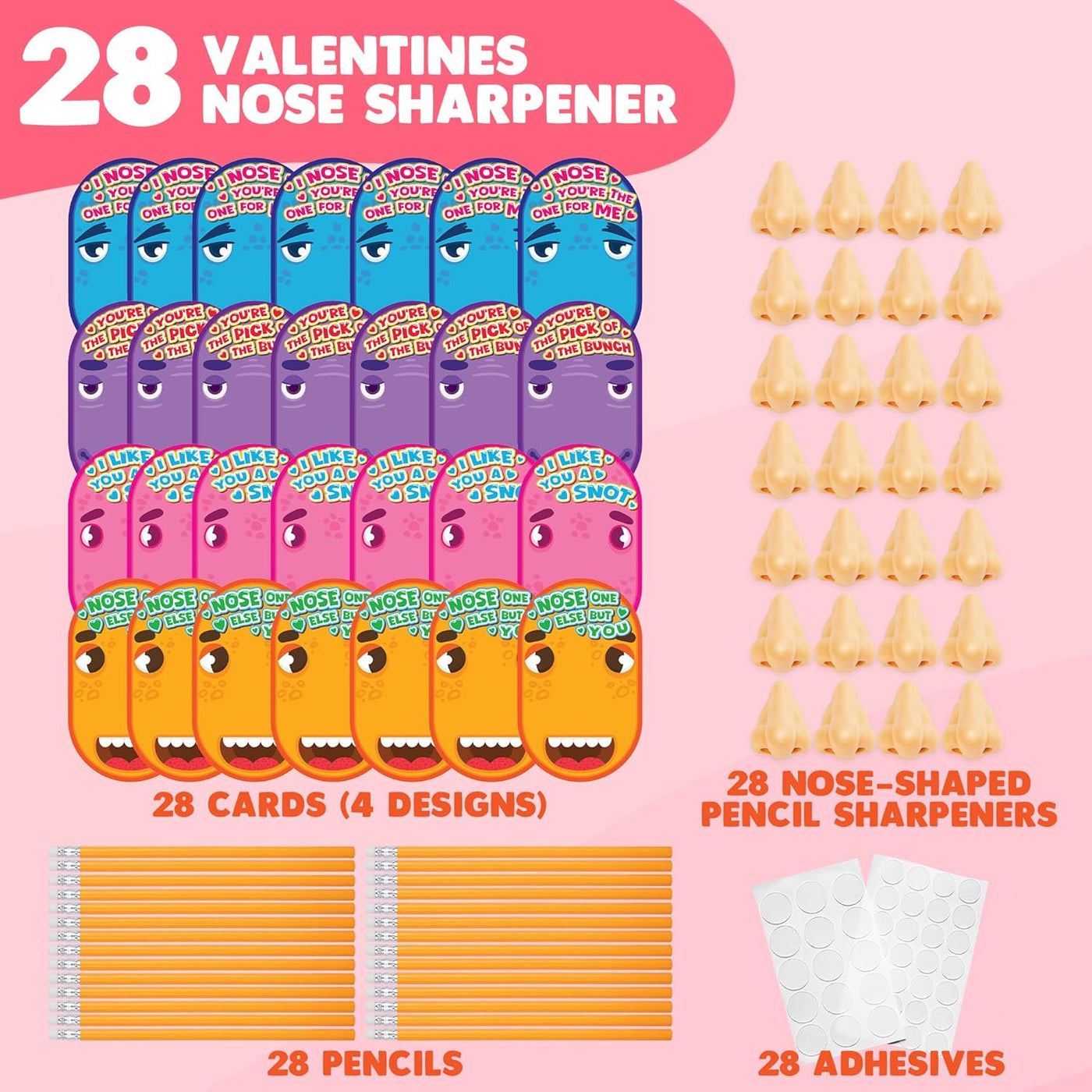 Funny Nose Pencil Sharpener with Valentines Cards - Set of 28