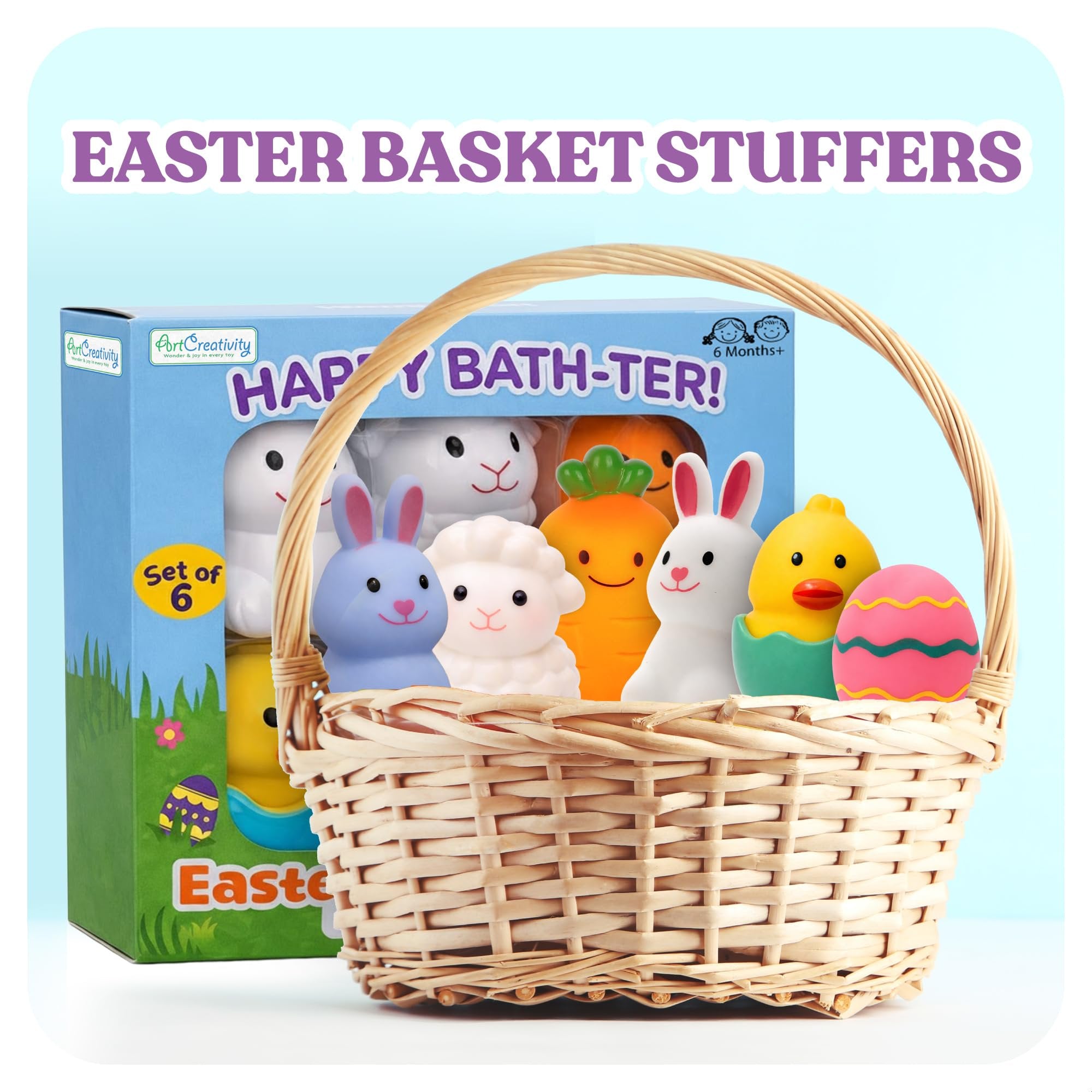 Easter Mold Free Bath Toys - Set of 6 - Moisture Free No Hole BathtubToy for Infant Ages 3 6 12 18 - Include Bunnies, Carrot, Sheep, a Chick in  Egg - Easter Basket Stuffers