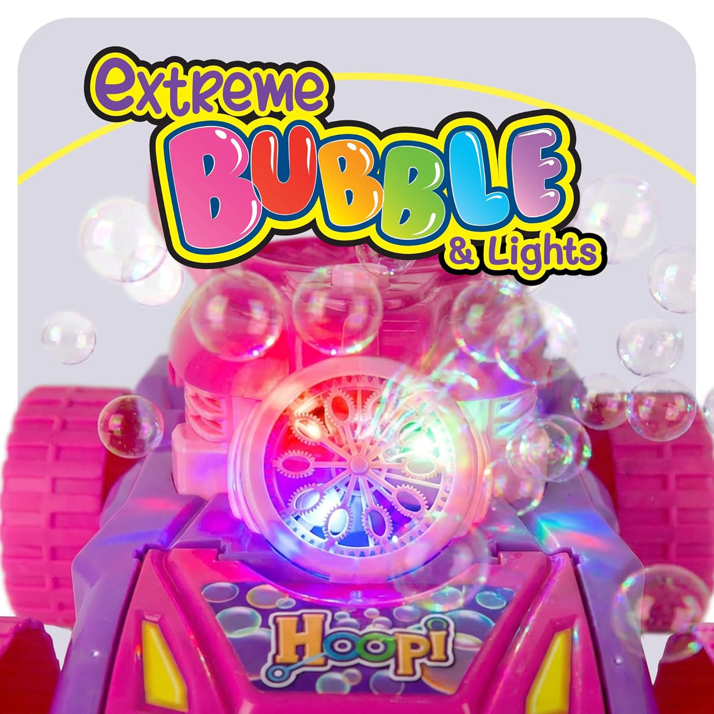 Hoopi Extreme Bubbles Lawn Mower for Toddlers, Spill-Proof Kids Bubble Machine with Lights with 3 Bottles