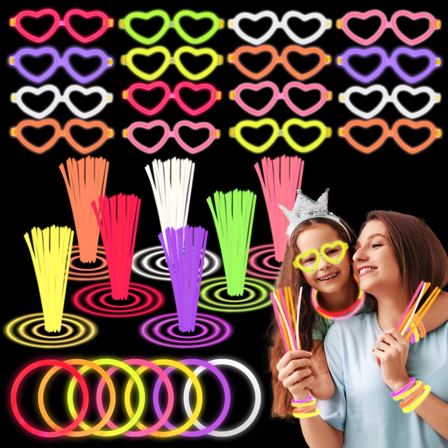 Glow in the Dark Bracelets & Glasses Set – 20 Heart Frames, 60 Glow Sticks & Connectors