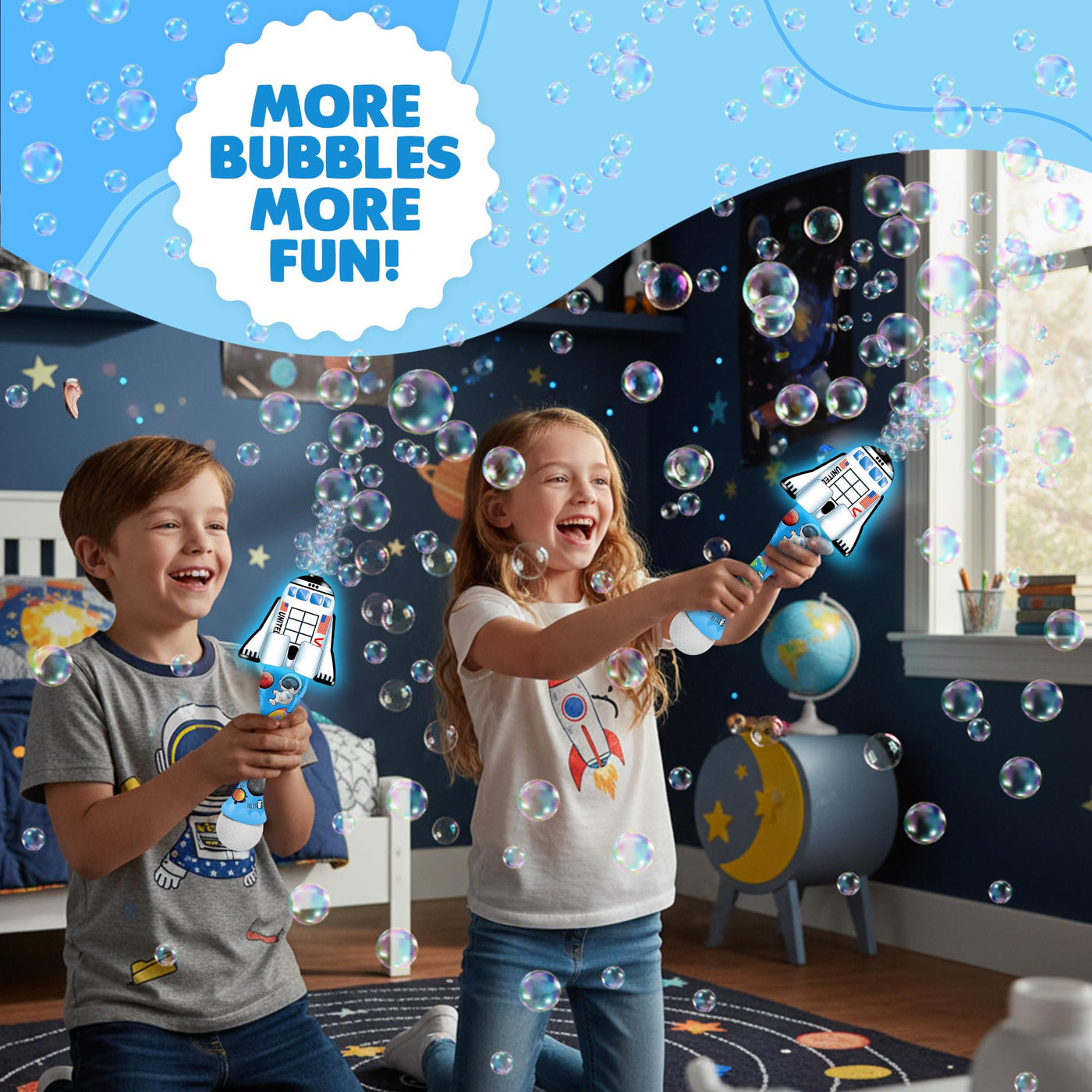 Space Shuttle Bubble Wand - Handcrafted Space Toys with Bubbles Refill Solution, Stickers, Music & Lights