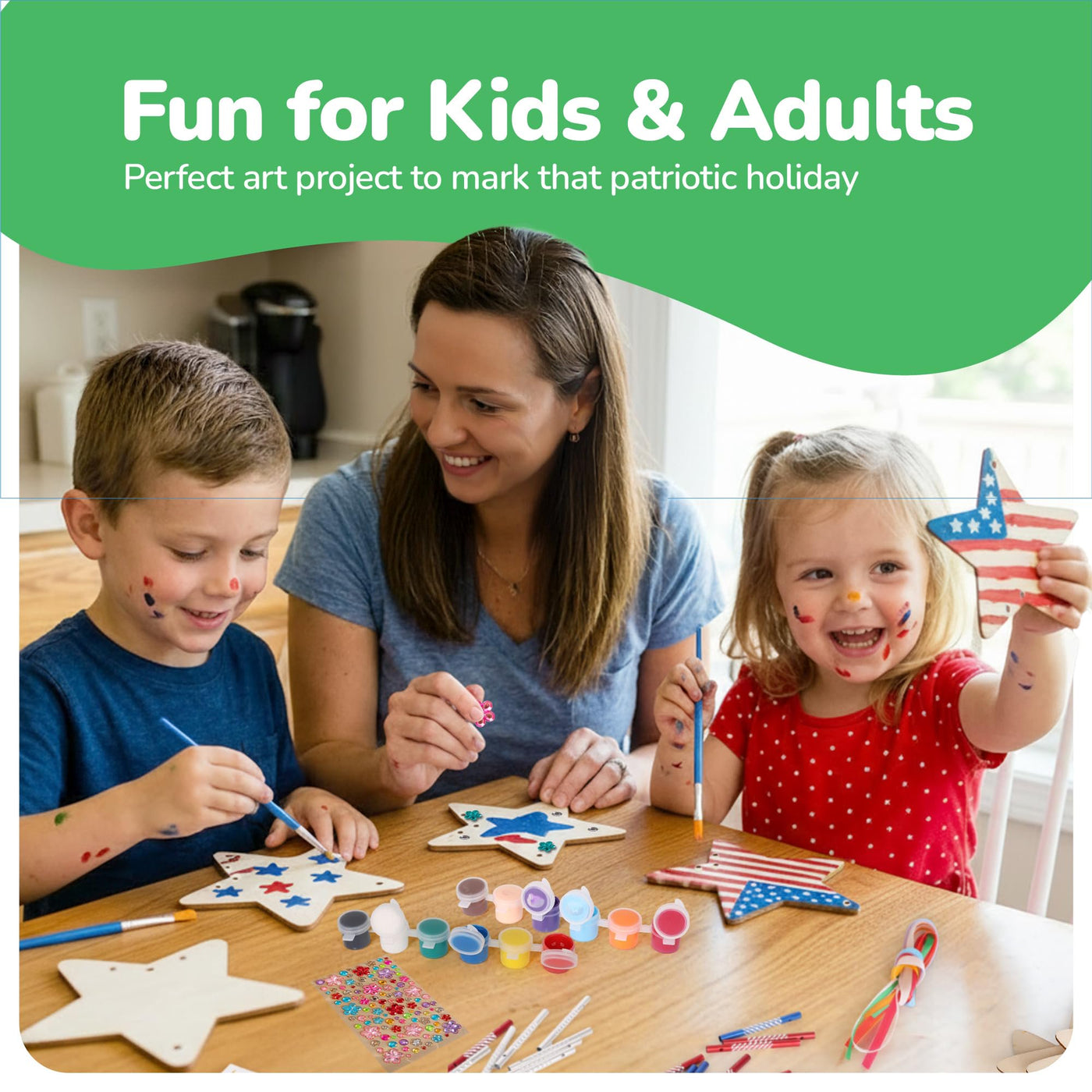 Patriotic DIY Wind Chime Kit for Kids - 9 Pack - Wooden Wind Chime Set with Paint Kit, Rhinestone Flower Stickers, 105 Stickers, and More - July 4th Arts and Crafts