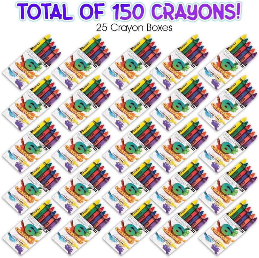 Bulk Crayon Packs, 25 Sets of 6 Packs of Crayons (150ct), Classroom Crayons for Students, Non-Toxic Crayon Party Favors for Kids, Arts & Crafts Supplies 3+