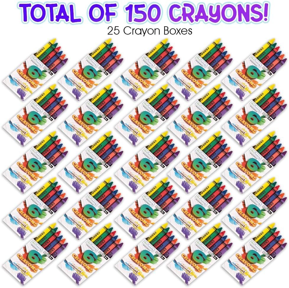 Bulk Crayon Packs, 25 Sets of 6 Packs of Crayons (150ct), Classroom Crayons for Students, Non-Toxic Crayon Party Favors for Kids, Arts & Crafts Supplies 3+