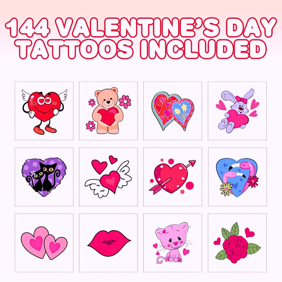 Temporary Valentines Tattoos for Kids, Assorted Tattoo Designs - Pack of 144