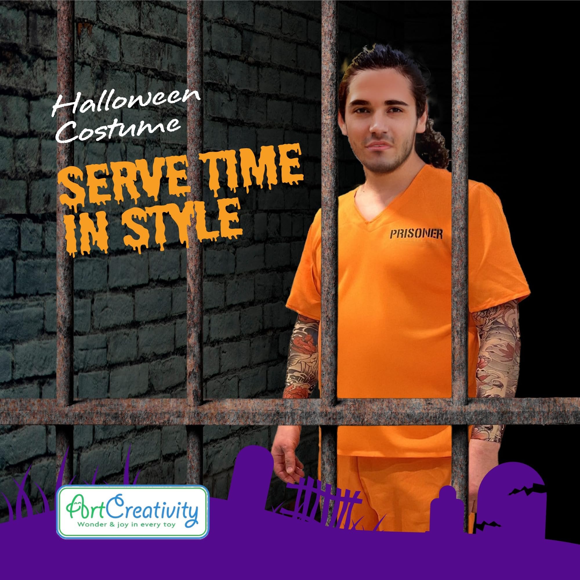 Orange Prisoner Costume with 6 Outlaw Sleeve Tattoos for Men - Size Medium - Adults