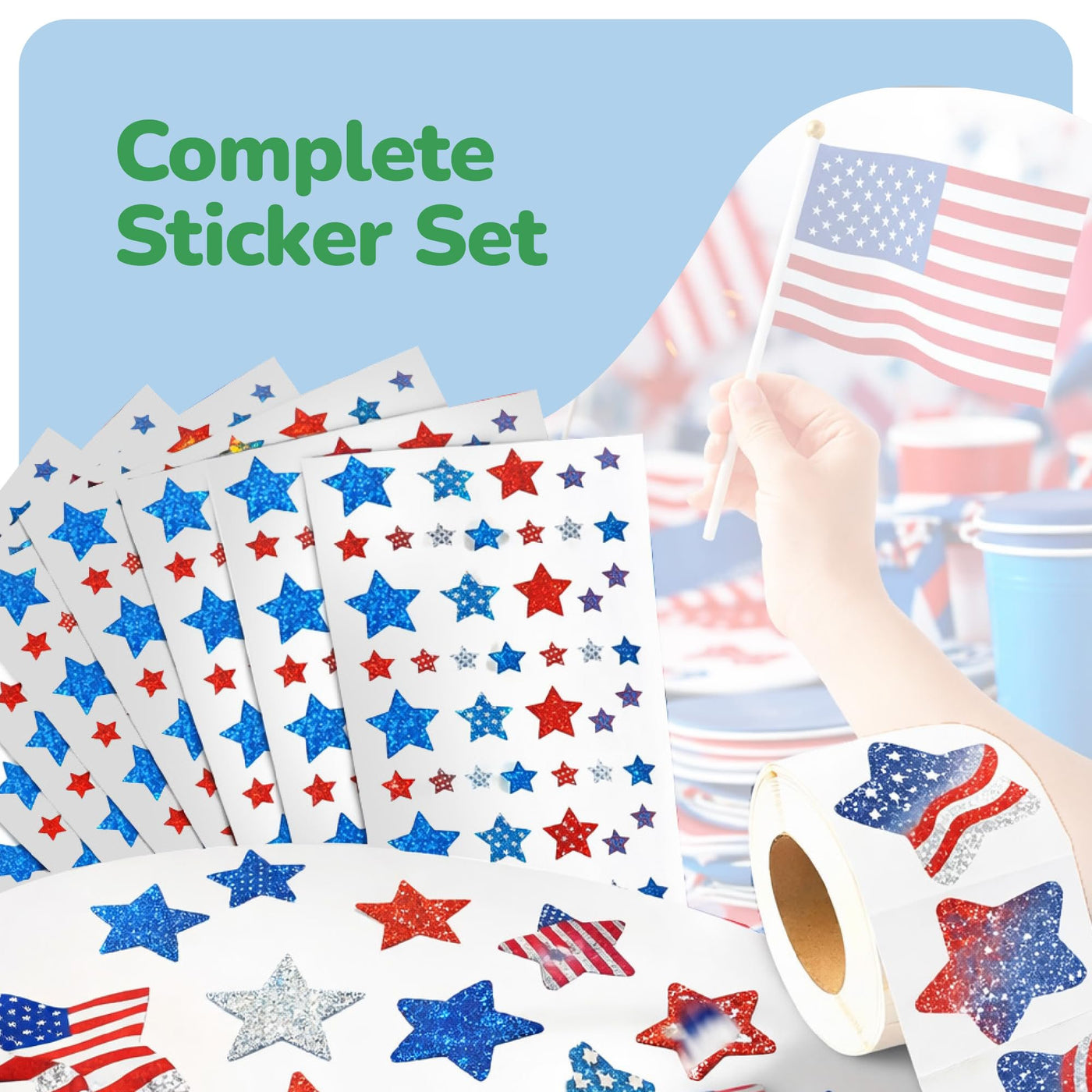 4th of July Patriotic Stickers - 1776 Pack - USA Stickers in Red, White, and Blue - 3 Styles Including Foam Star Stickers
