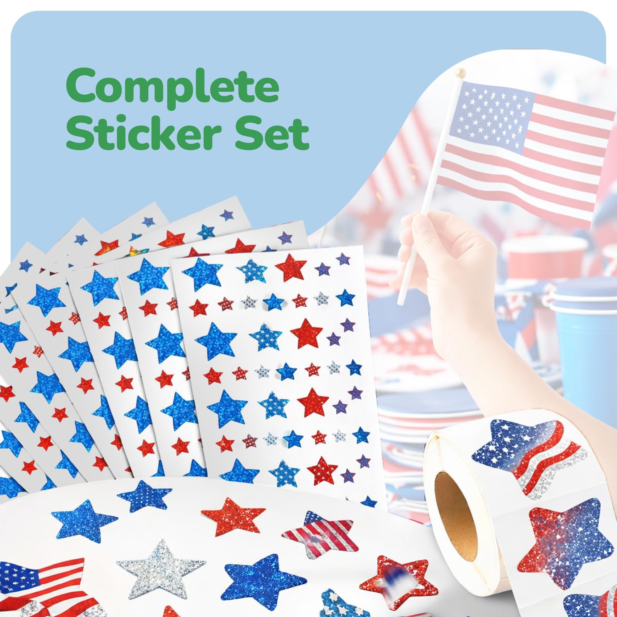 4th of July Patriotic Stickers - 1776 Pack - USA Stickers in Red, White, and Blue - 3 Styles Including Foam Star Stickers