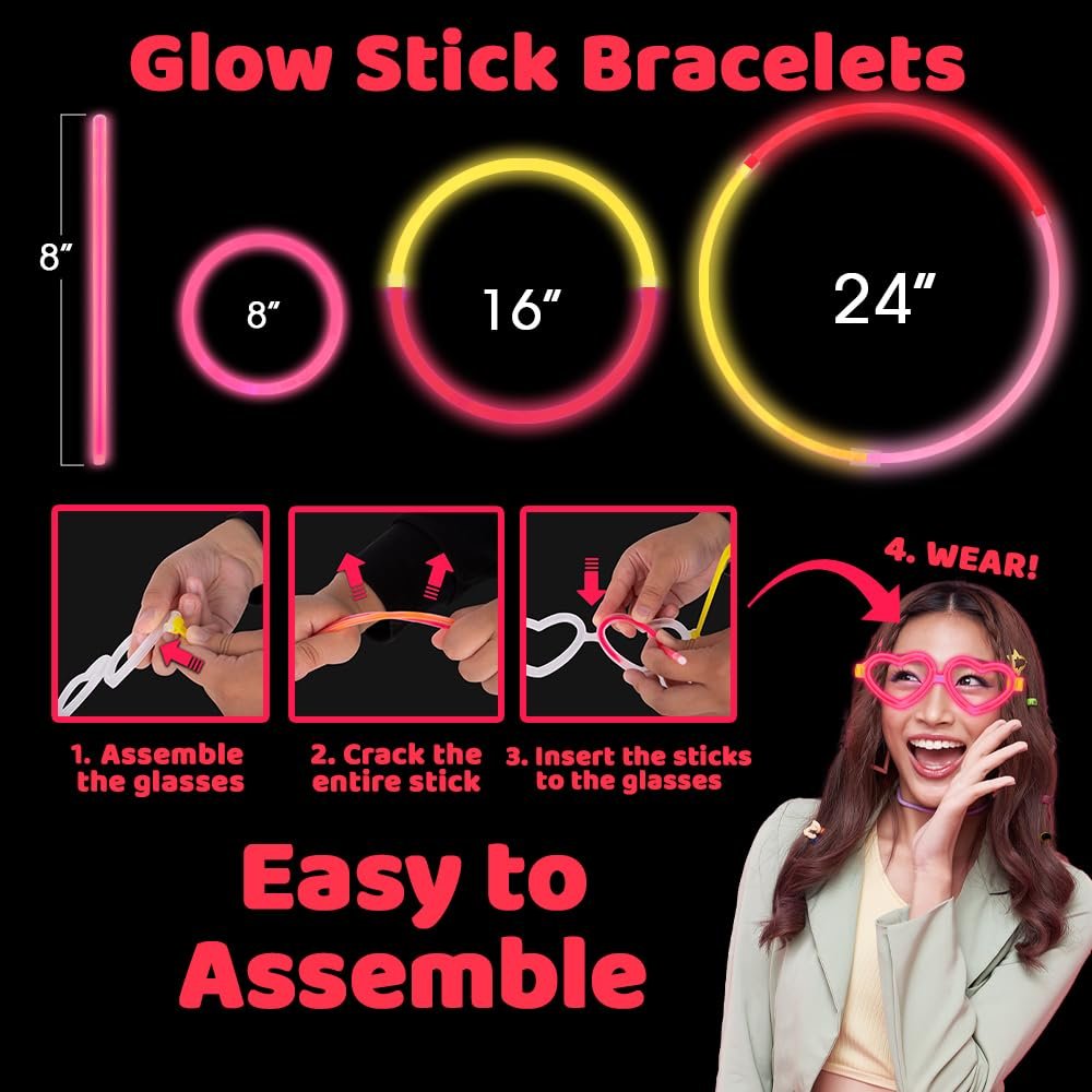 Glow in the Dark Bracelets & Glasses Set – 20 Heart Frames, 60 Glow Sticks & Connectors