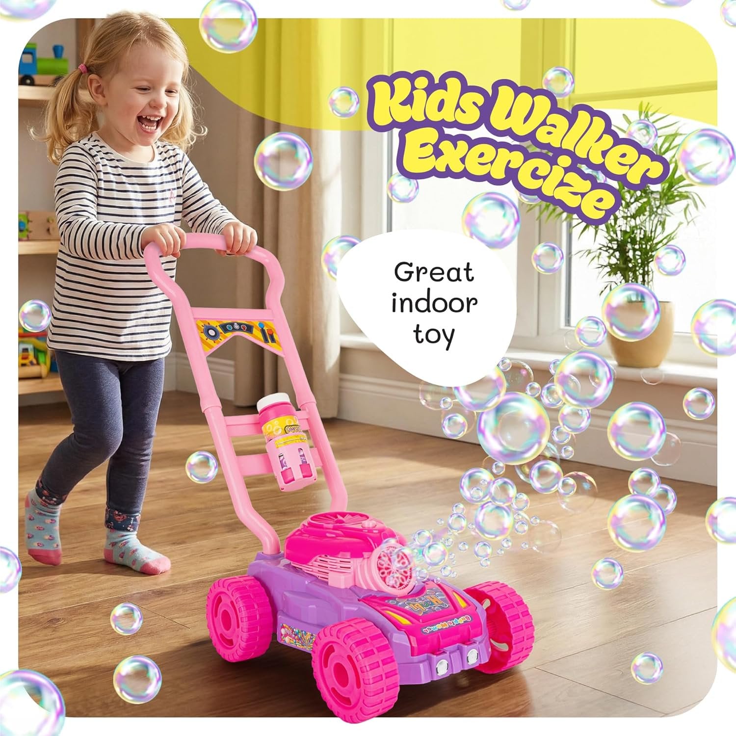 Hoopi Extreme Bubbles Lawn Mower for Toddlers, Spill-Proof Kids Bubble Machine with Lights with 3 Bottles