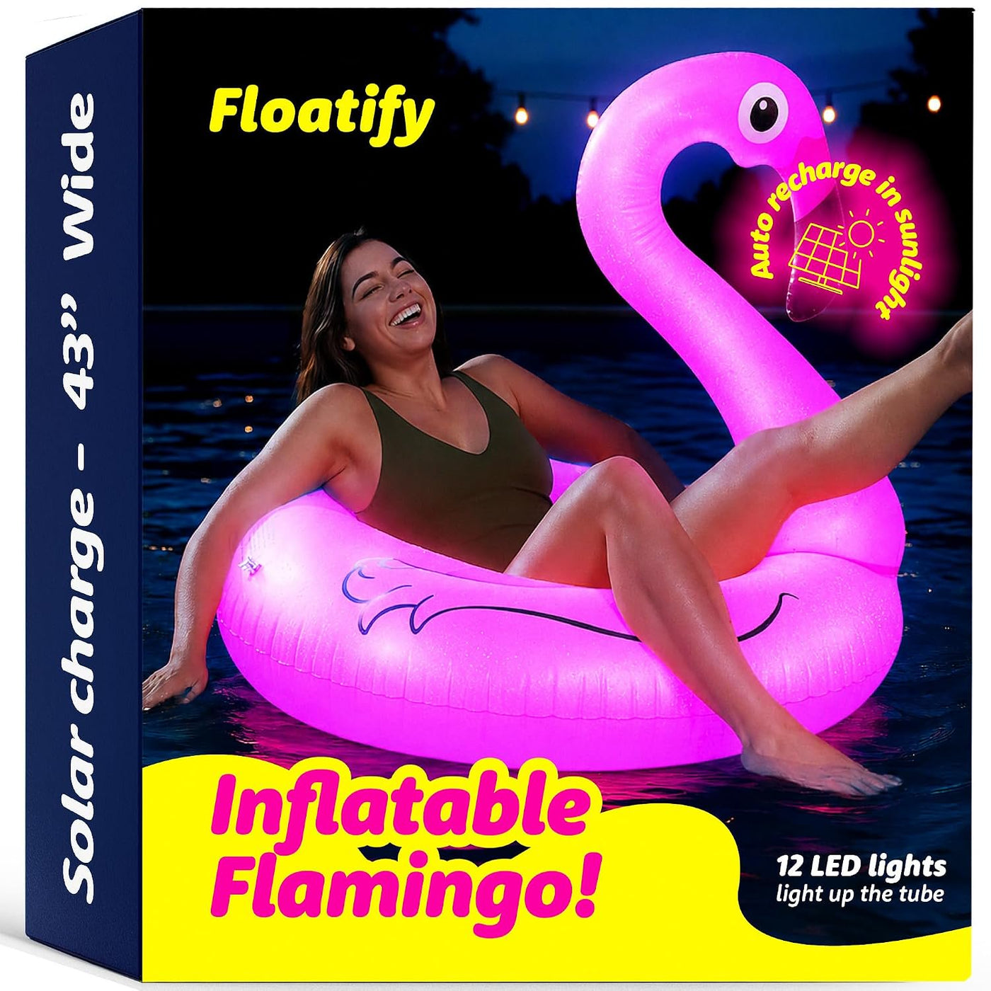 Flamingo Pool Float with Solar-Powered LED Lights - 43" X 34" - Inflatable Tropical Pool Floats for Adults - Hawaiian Party Decoration Accessories - Swimming Floats Outdoor Holiday Yard Decor