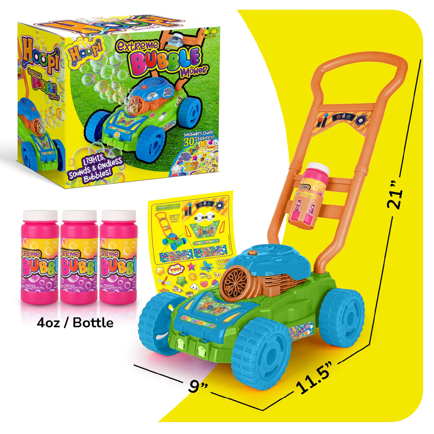 Hoopi Bubble Lawn Mower, Bubble Blowing Push Toy with 3 Solutions Bottles