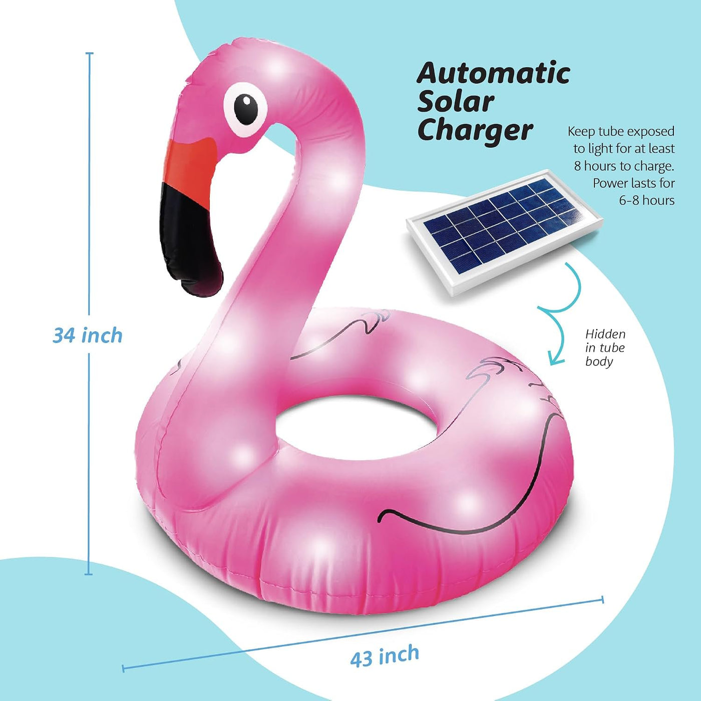 Flamingo Pool Float with Solar-Powered LED Lights - 43" X 34" - Inflatable Tropical Pool Floats for Adults - Hawaiian Party Decoration Accessories - Swimming Floats Outdoor Holiday Yard Decor
