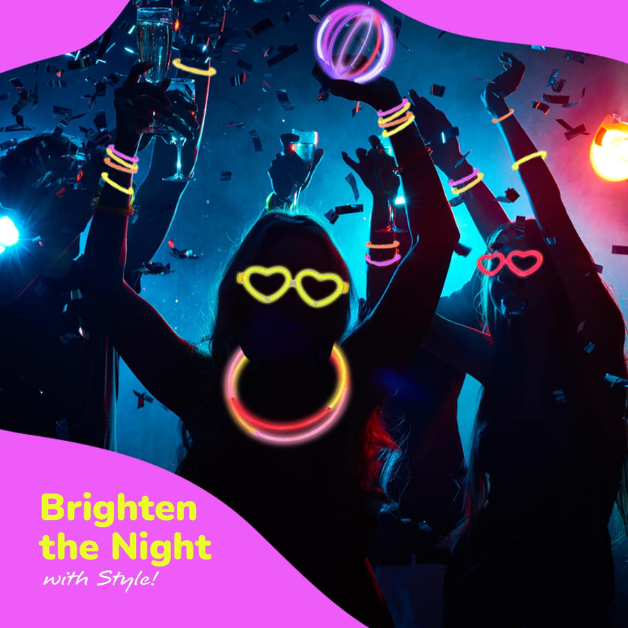 Glow in the Dark Bracelets & Glasses Set – 20 Heart Frames, 60 Glow Sticks & Connectors