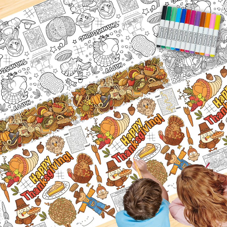 Thanksgiving Coloring Table Cloth for Kids with 12 Washable Markers - Large 53 x 87.5 Inch Coloring Tablecloth