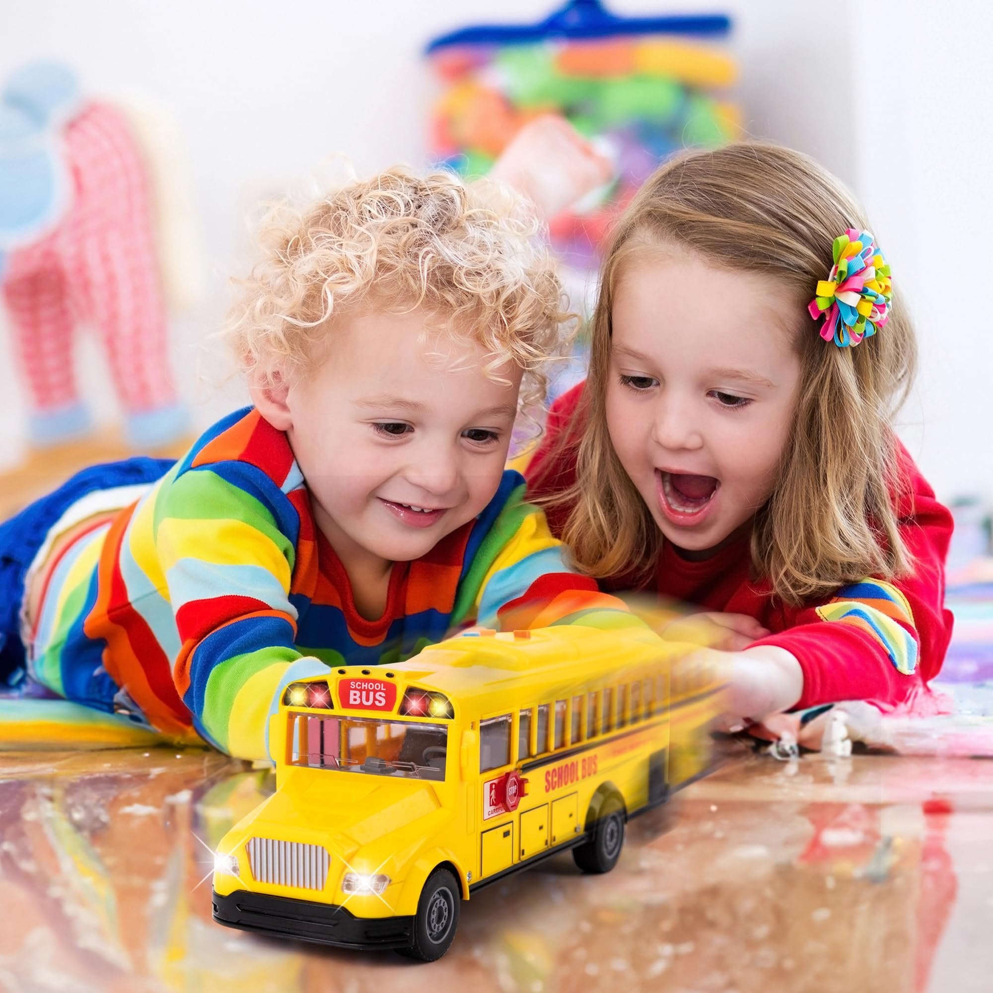 Yellow School Bus with Flashing Lights & Sound, Friction Powered 11" Toy School Bus