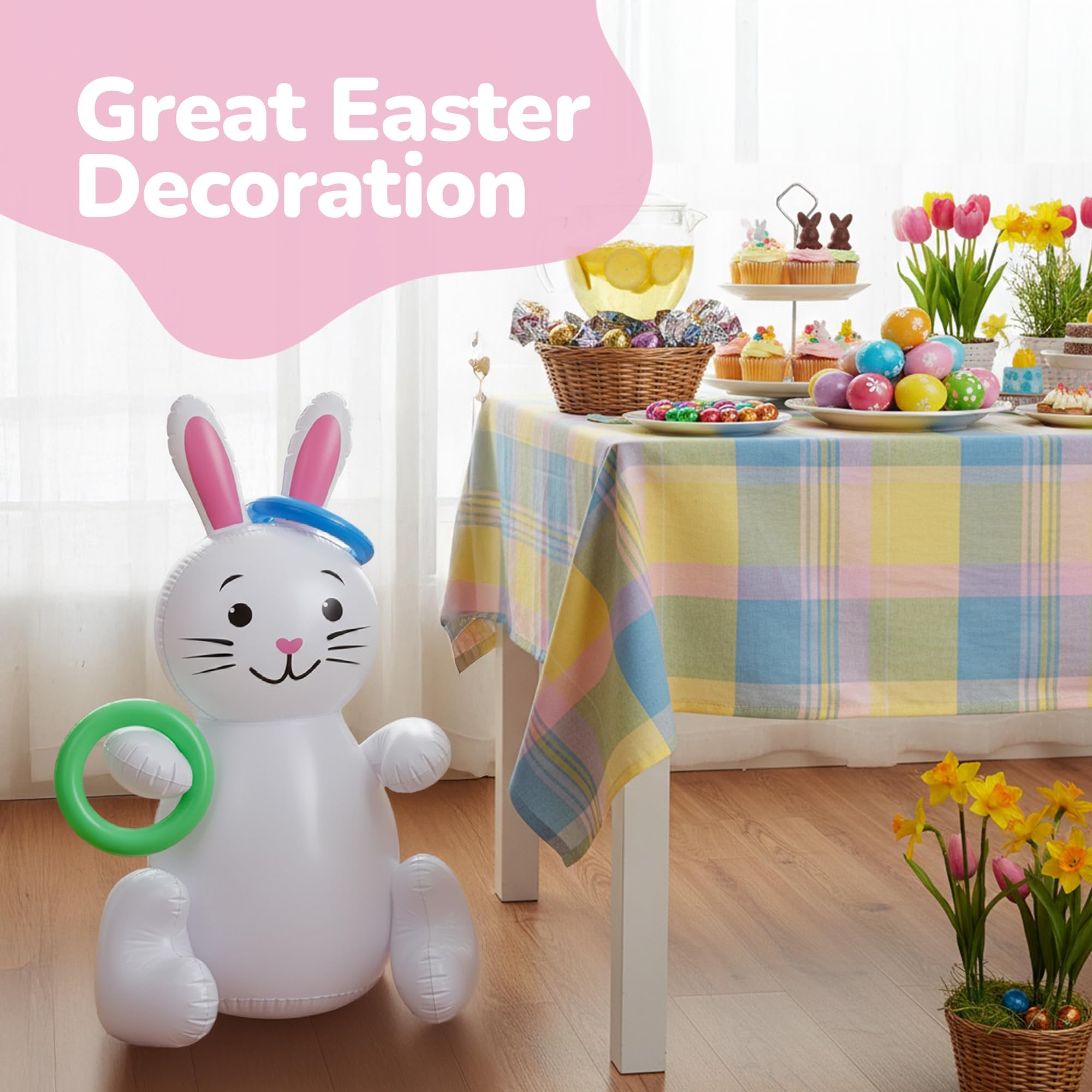 ArtCreativity Easter Bunny Inflatable Ring Toss Game - Easter Games for Kids with Inflatable Bunny and 6 Rings - Weighted Bottom to Keep the Inflatable Rabbit Upright - Outdoor Easter Family Games