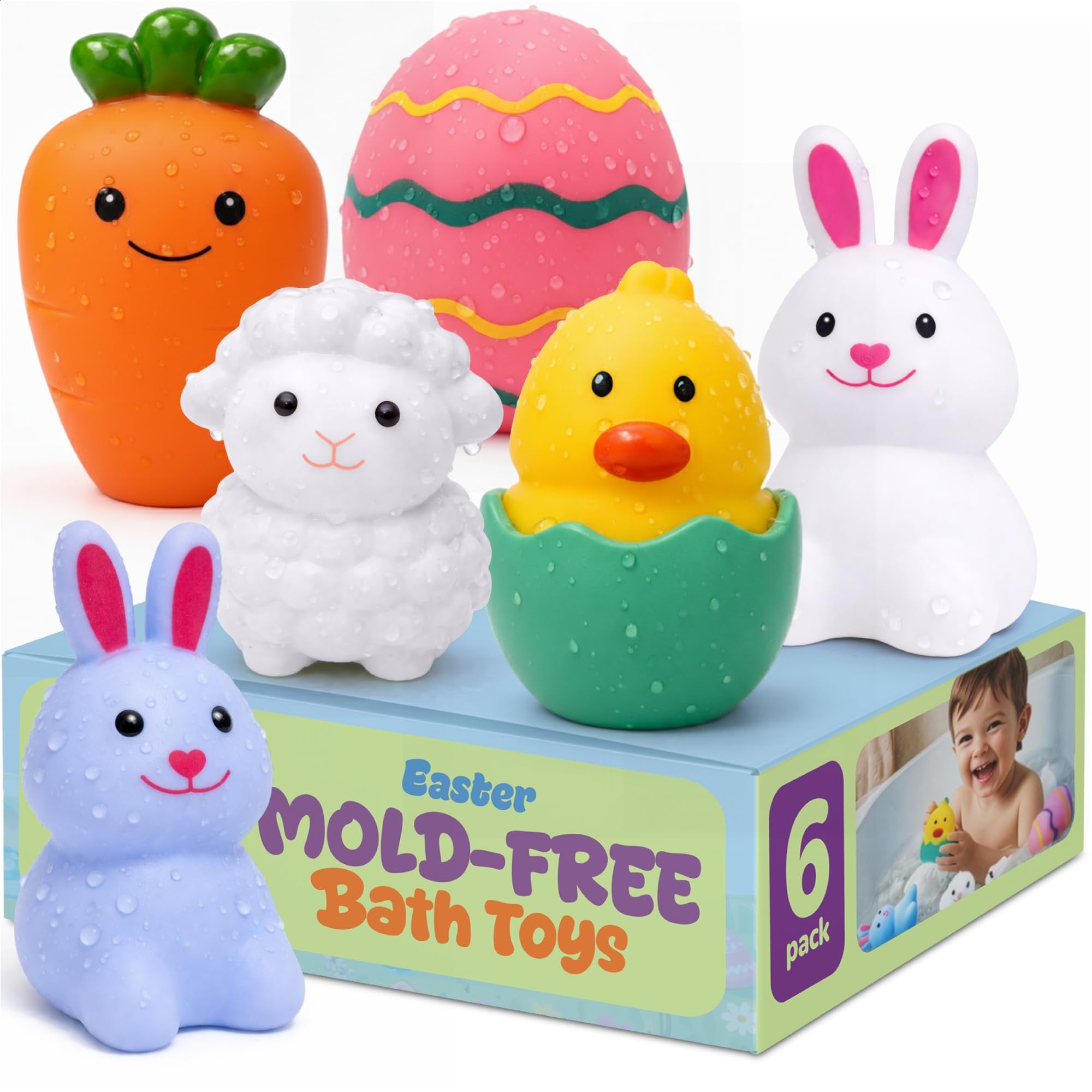 Easter Mold Free Bath Toys - Set of 6 - Moisture Free No Hole BathtubToy for Infant Ages 3 6 12 18 - Include Bunnies, Carrot, Sheep, a Chick in  Egg - Easter Basket Stuffers