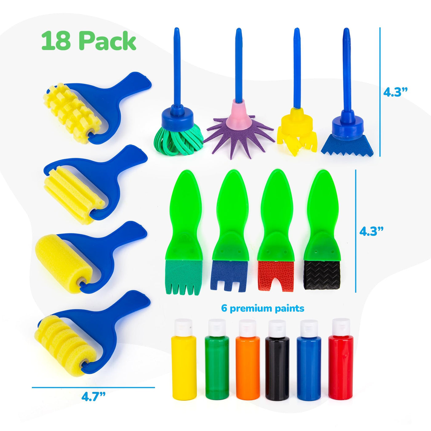 Kids Paint Brush & Roller Set with Paint – 18 Pc Toddler Art Kit with 6 Paint Bottles