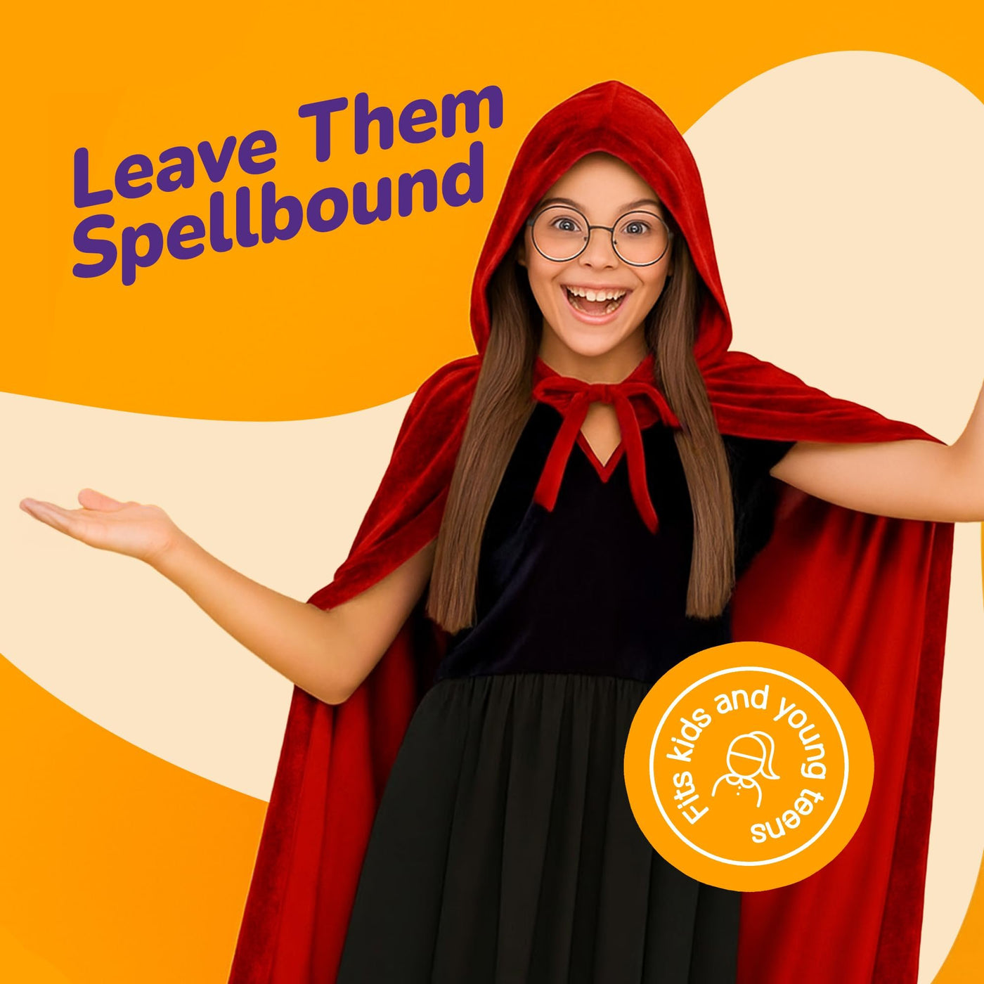 Velvet Hooded Cloak for Kids - 4ft Long - Vibrant Red Cloak with Hood and String Closure