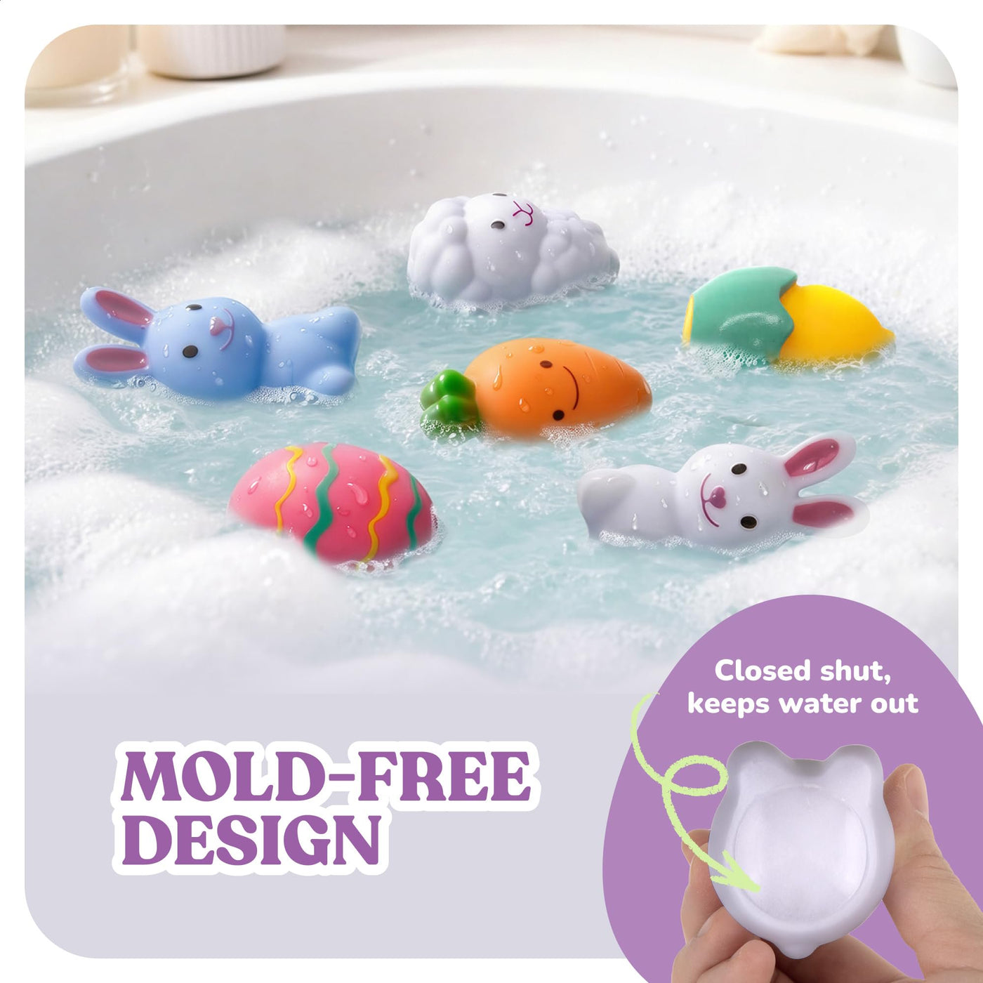 Easter Mold Free Bath Toys - Set of 6 - Moisture Free No Hole BathtubToy for Infant Ages 3 6 12 18 - Include Bunnies, Carrot, Sheep, a Chick in  Egg - Easter Basket Stuffers