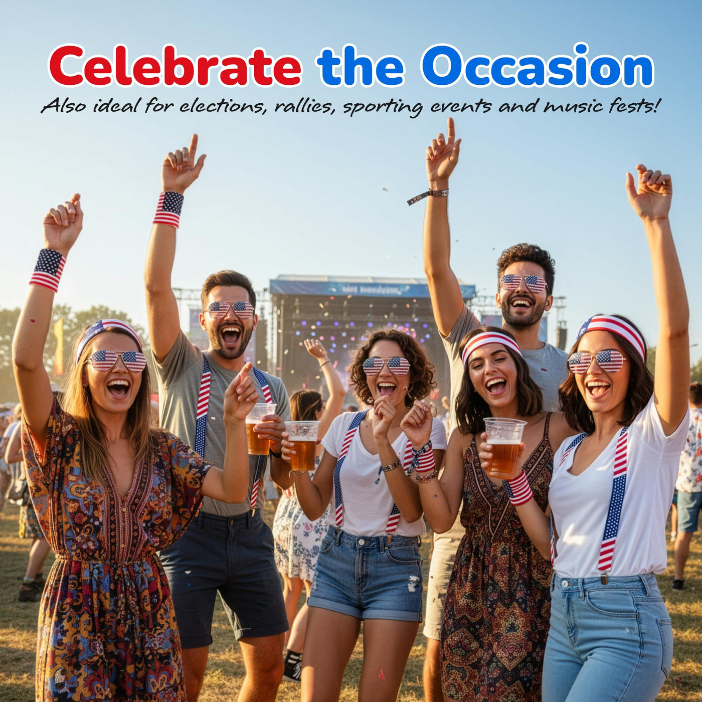 Patriotic Accessories - USA Glasses, American Flag Suspenders, Wristbands, and Headband - Red, White, and Blue