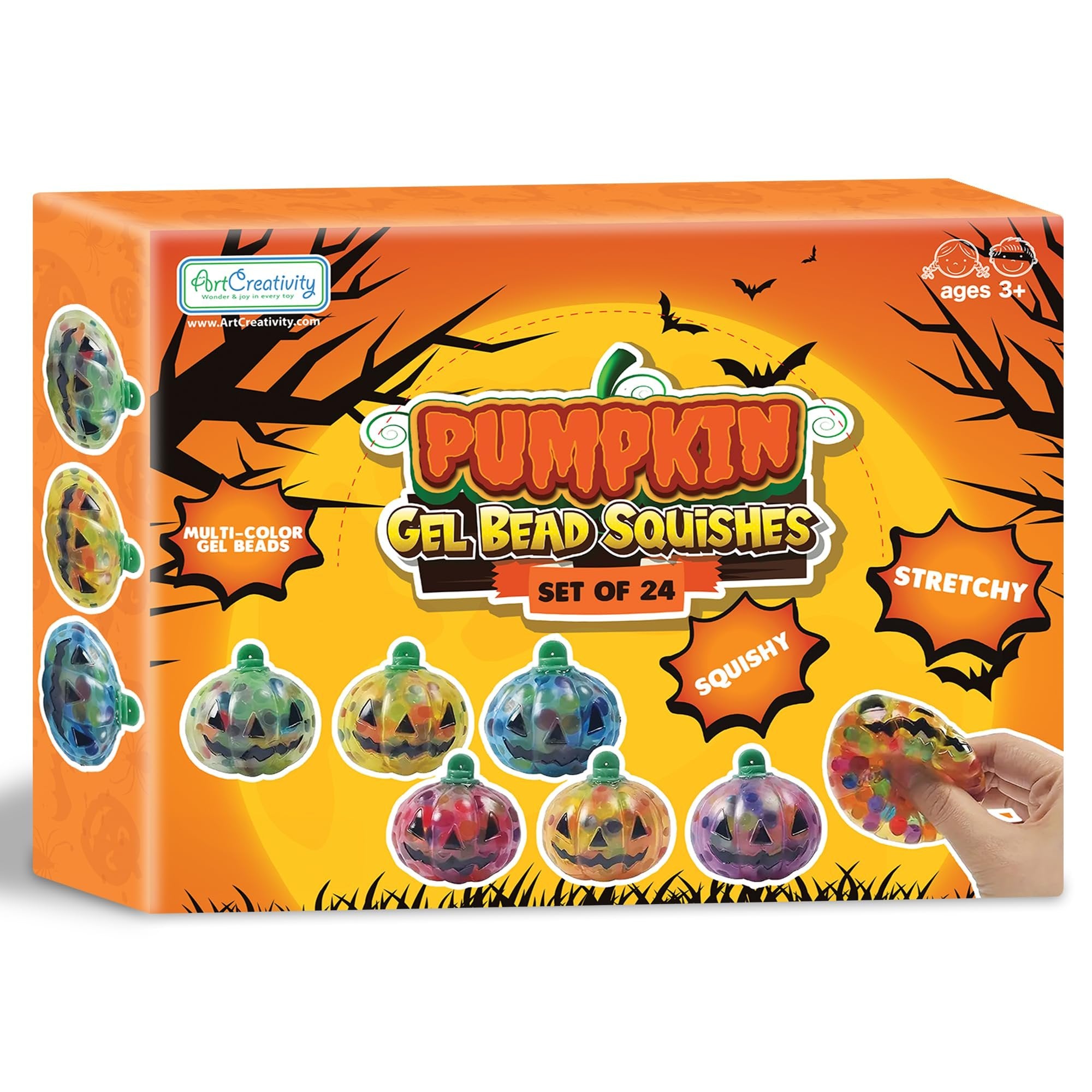 ArtCreativity Pumpkin Halloween Squeeze Toys - Set of 24 Squishy Toys - Stress Relief Squishy Toys for Kids in 6 Colors - Non-Candy Halloween Goodie Bag Stuffers - Sensory Fidget Squeeze Toys
