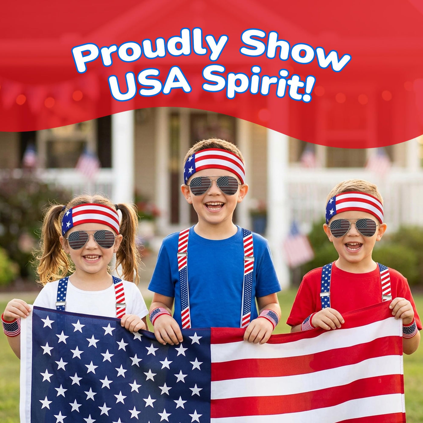 Patriotic Accessories - USA Glasses, American Flag Suspenders, Wristbands, and Headband - Red, White, and Blue