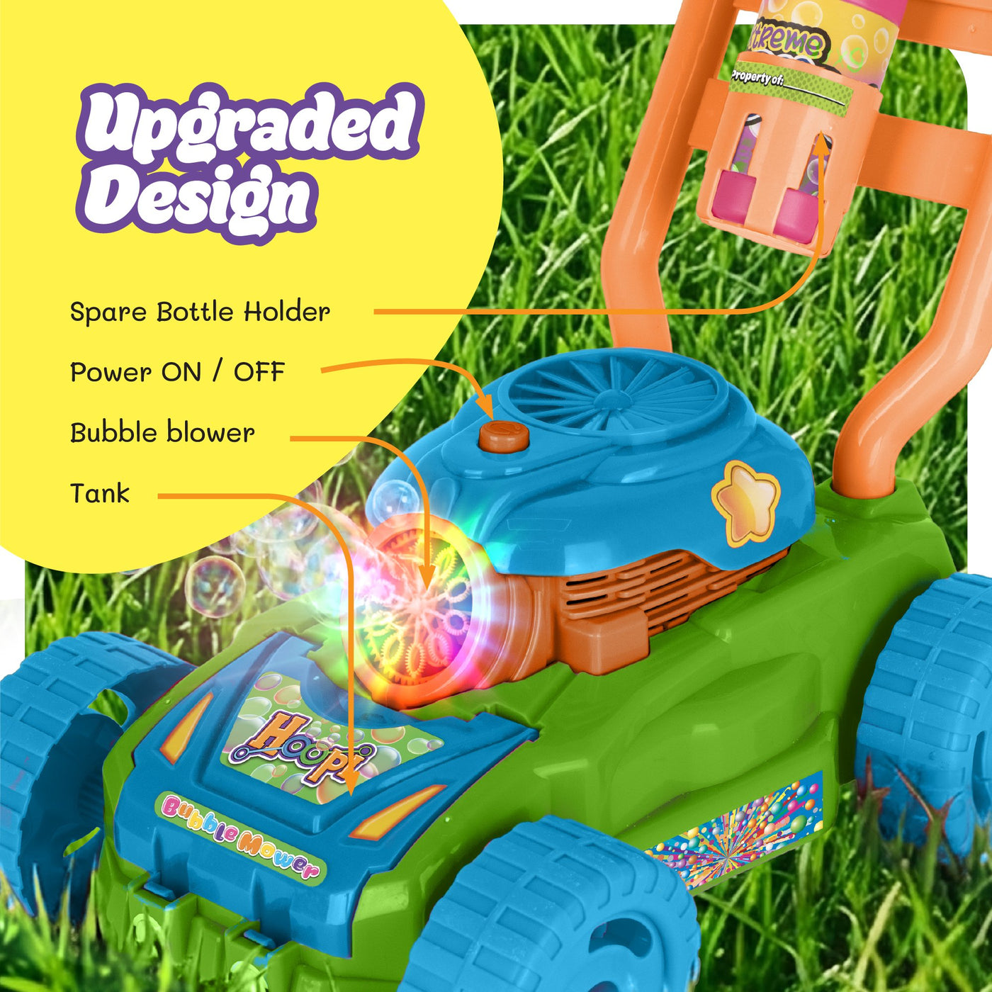 Hoopi Bubble Lawn Mower, Bubble Blowing Push Toy with 3 Solutions Bottles