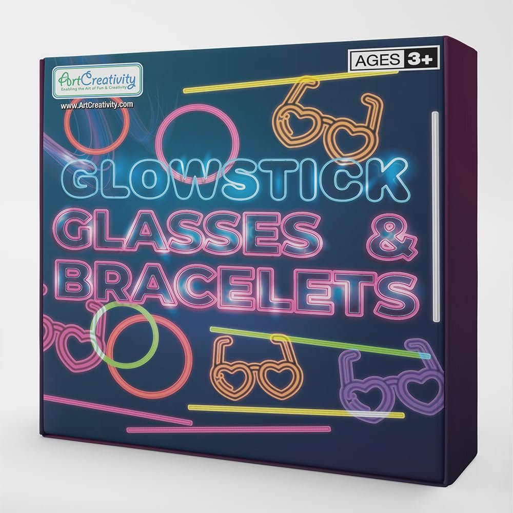 Glow in the Dark Bracelets & Glasses Set – 20 Heart Frames, 60 Glow Sticks & Connectors