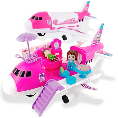 Pink Storage Airplane Playset for Girls, 13.5” Girls Airplane Toy with Figurines & Accessories -  Ages 3-10