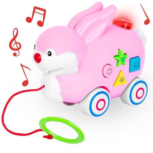 Pull Along Musical Easter Bunny Toy - Easter Toys for Kids with Lights, Music, and 4 Animal Sounds