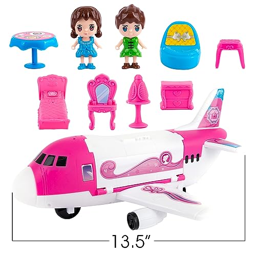 Pink Storage Airplane Playset for Girls, 13.5” Girls Airplane Toy with Figurines & Accessories -  Ages 3-10