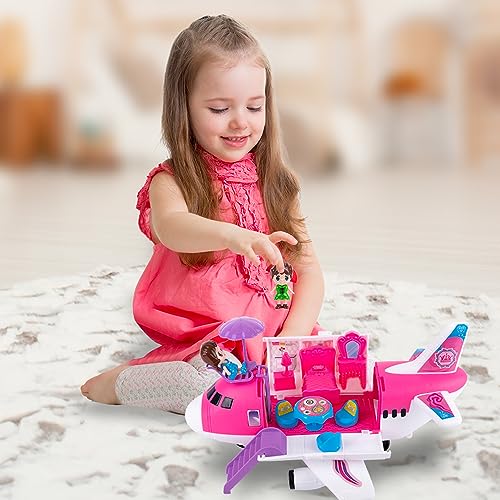 Pink Storage Airplane Playset for Girls, 13.5” Girls Airplane Toy with Figurines & Accessories -  Ages 3-10