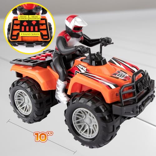Light Up ATV Toy with Sounds - 10 Inch Toy Four Wheeler with Headlights, Sounds, and Button Activated Motion