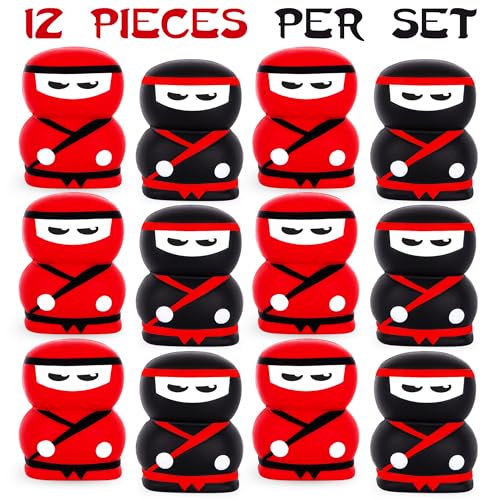 Slow Rise Ninja Squishy Toys - Set of 12 Small Squishy Toys - Ninja Figurine Stress Toys for Kids with 6 Red and 6 Black Designs - Ninja Party Favors