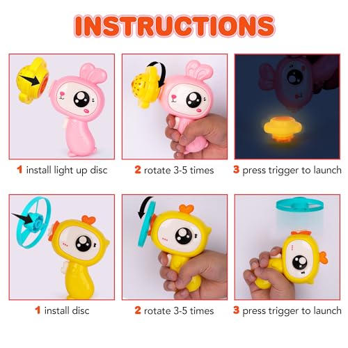 Flying Disc Launcher Toy Set - Set of 2 - Light Up Disc Shooters for Kids with 4 Discs Each - Cute Chick and Rabbit Design - For Ages 3 and Up