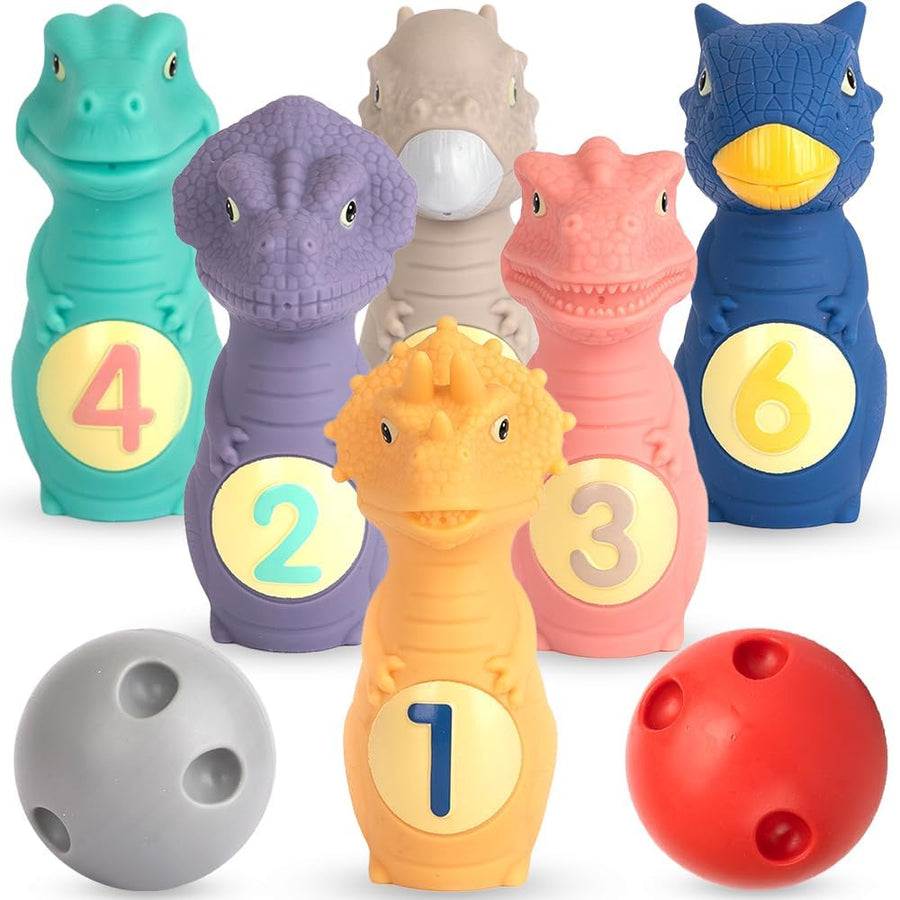 ArtCreativity Dinosaur Kids Bowling Set - 6 Dino Pins and 2 Balls - Durable Silicone Dinosaur Toys for Boys and Girls