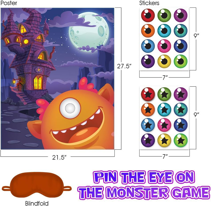 ArtCreativity Pin The Eye on The Monster Party Game - Halloween Party Activity with 1 Sign, 24 Eye Stickers, and 1 Eye Mask